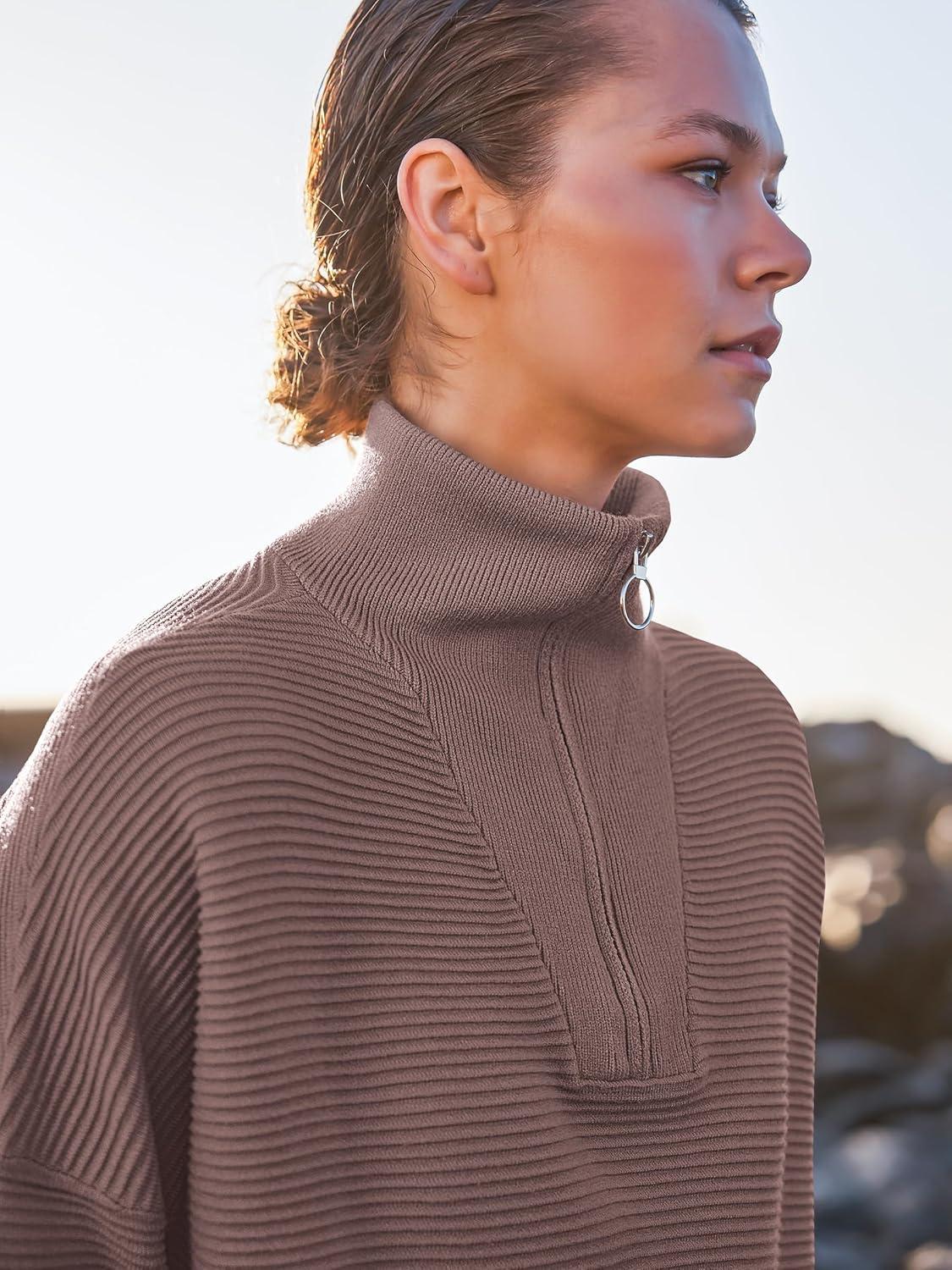 imageANRABESS Women Quarter Zip Oversized Casual Loose Rib Knit Cozy Pullover Sweaters Top 2025 Fall Fashion Outfits ClothesNutmeg