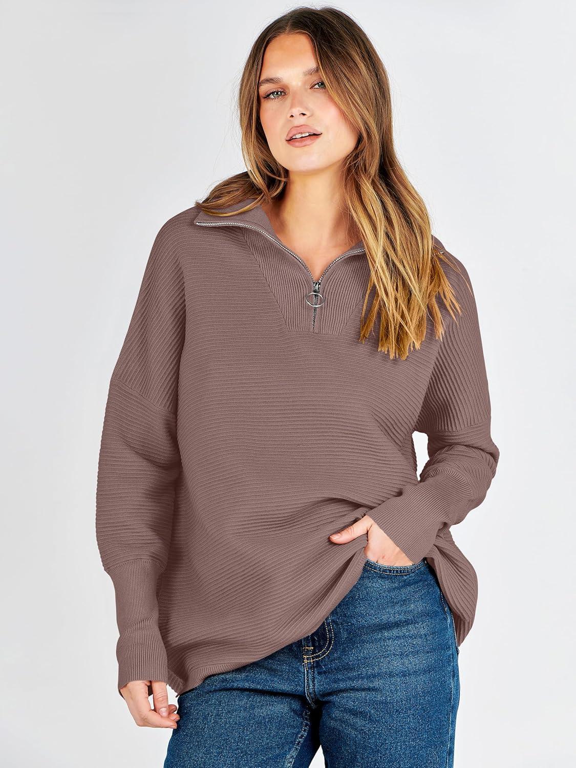 imageANRABESS Women Quarter Zip Oversized Casual Loose Rib Knit Cozy Pullover Sweaters Top 2025 Fall Fashion Outfits ClothesNutmeg