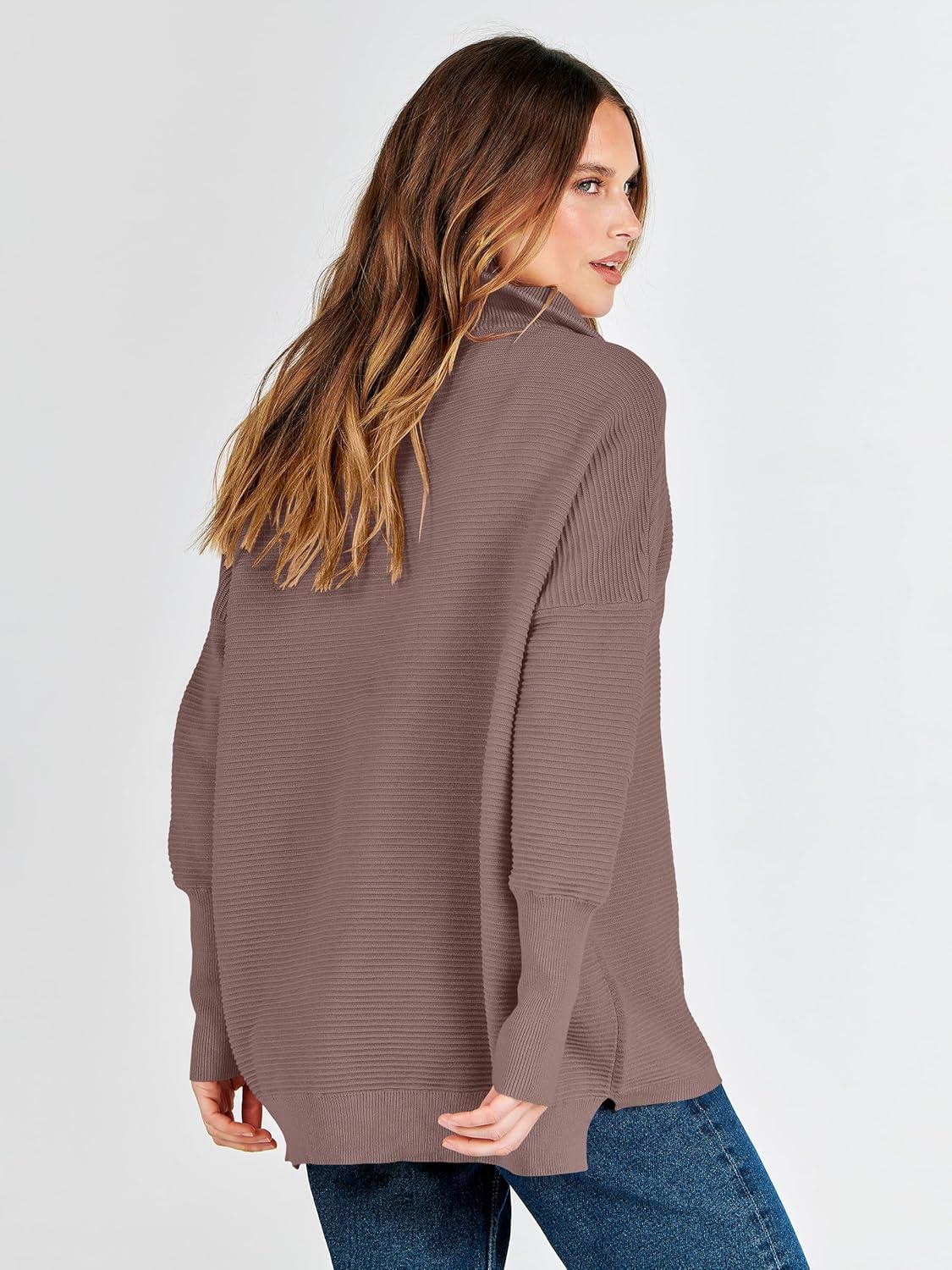 imageANRABESS Women Quarter Zip Oversized Casual Loose Rib Knit Cozy Pullover Sweaters Top 2025 Fall Fashion Outfits ClothesNutmeg