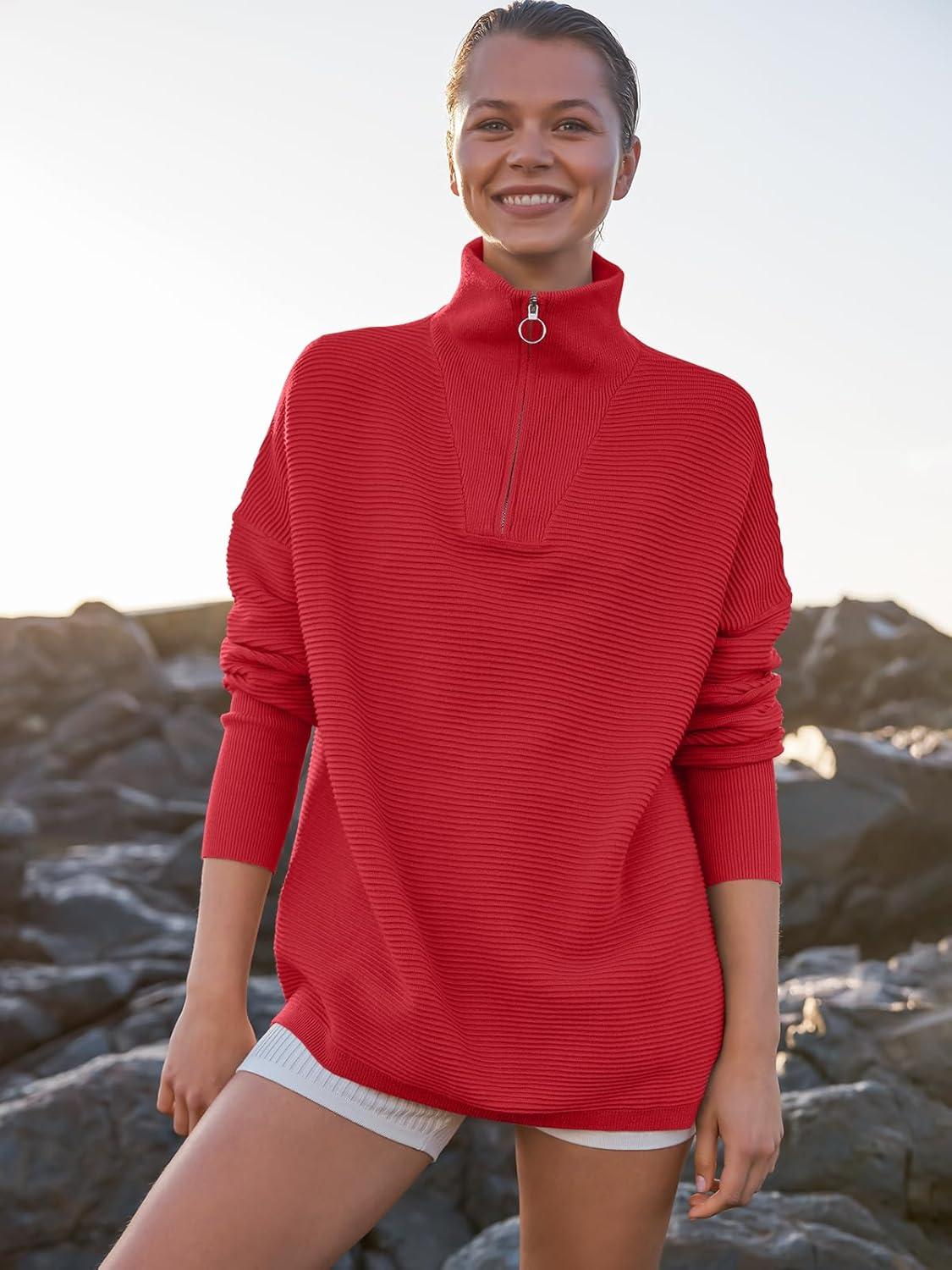imageANRABESS Women Quarter Zip Oversized Casual Loose Rib Knit Cozy Pullover Sweaters Top 2025 Fall Fashion Outfits ClothesRed