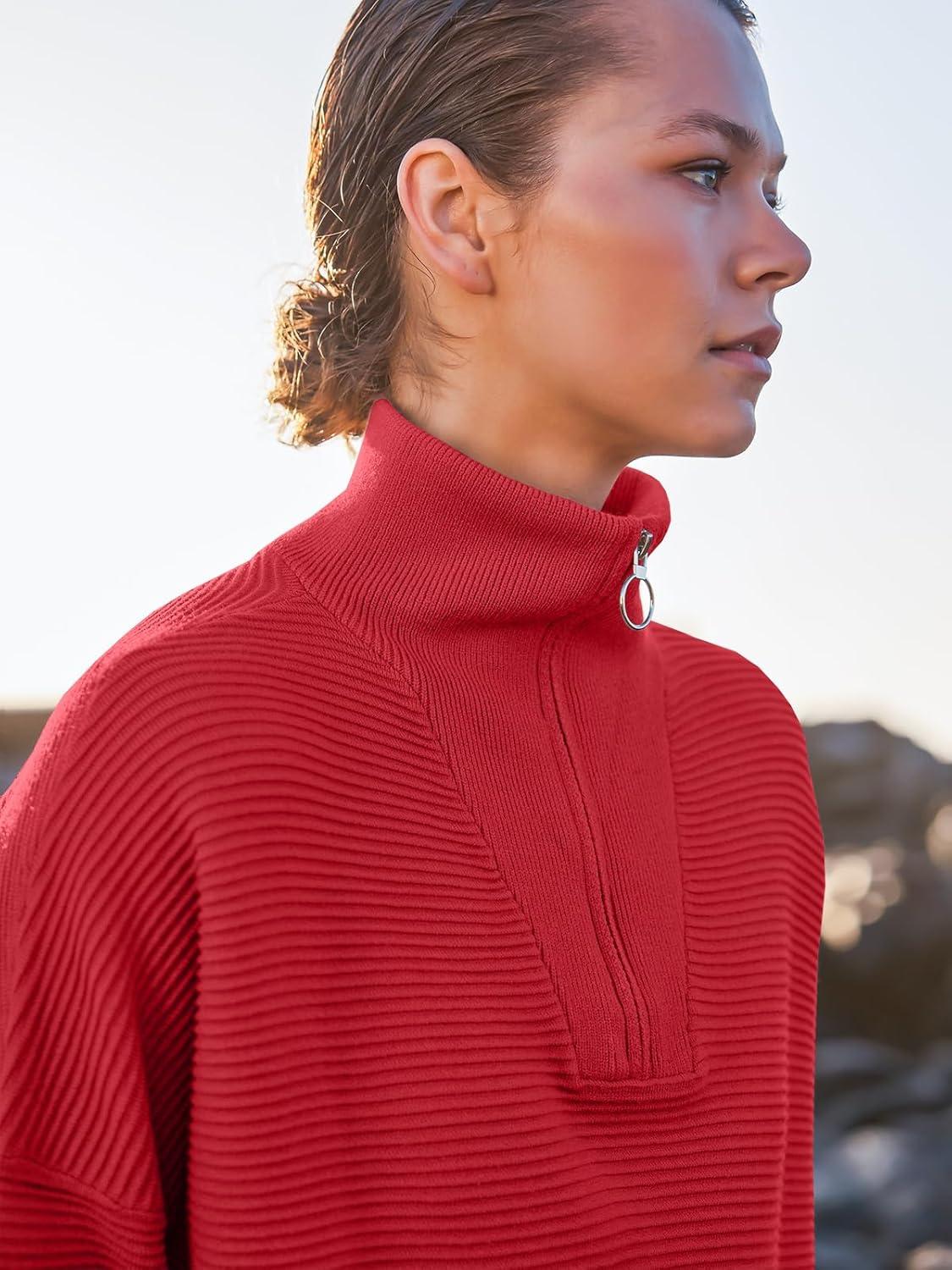 imageANRABESS Women Quarter Zip Oversized Casual Loose Rib Knit Cozy Pullover Sweaters Top 2025 Fall Fashion Outfits ClothesRed