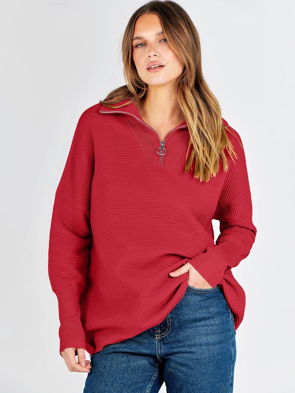 imageANRABESS Women Quarter Zip Oversized Casual Loose Rib Knit Cozy Pullover Sweaters Top 2025 Fall Fashion Outfits ClothesRed