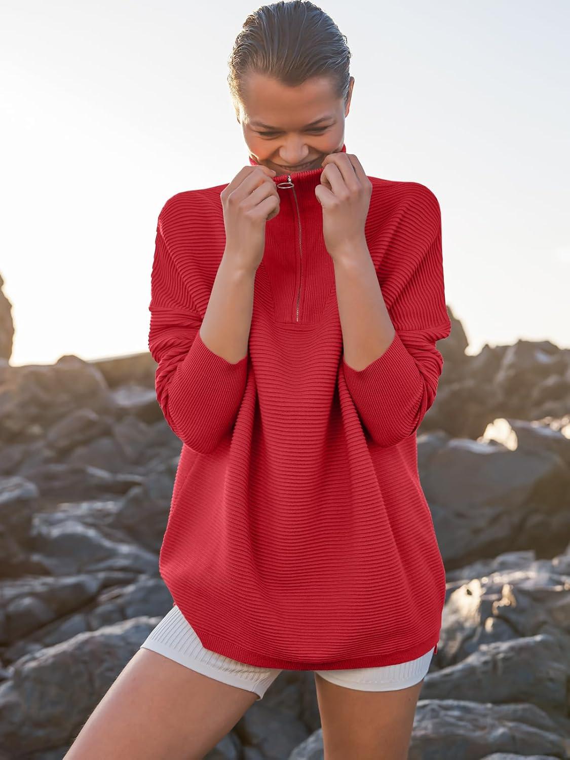 imageANRABESS Women Quarter Zip Oversized Casual Loose Rib Knit Cozy Pullover Sweaters Top 2025 Fall Fashion Outfits ClothesRed