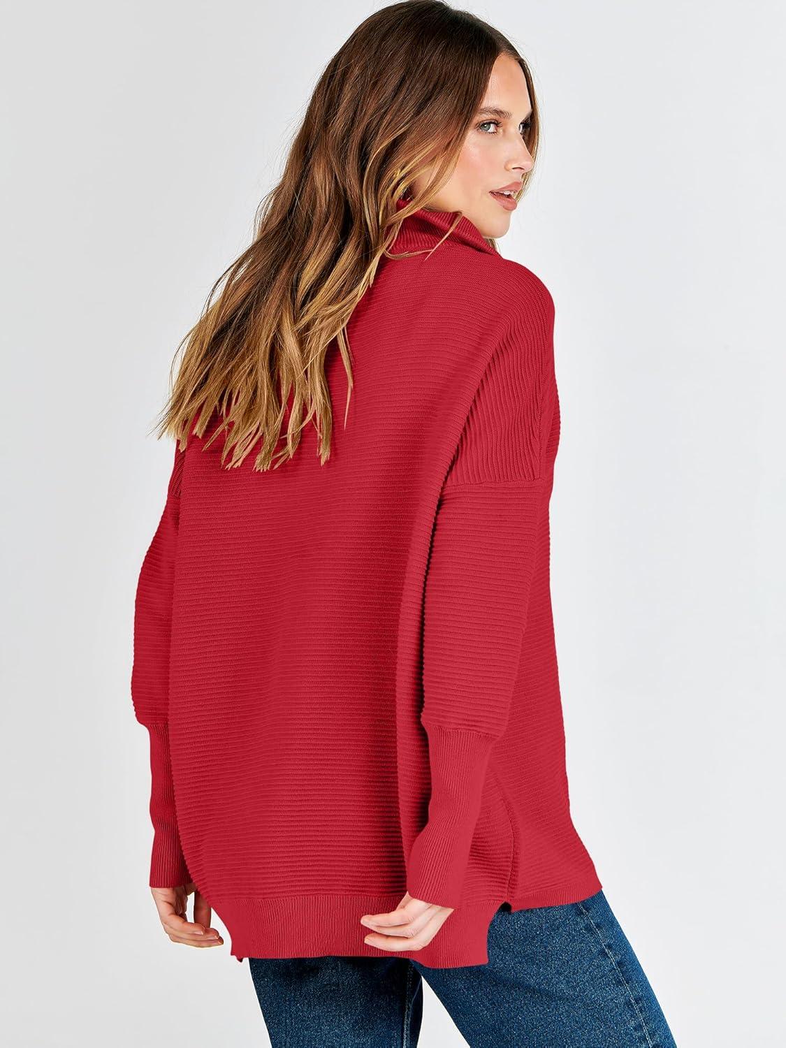 imageANRABESS Women Quarter Zip Oversized Casual Loose Rib Knit Cozy Pullover Sweaters Top 2025 Fall Fashion Outfits ClothesRed