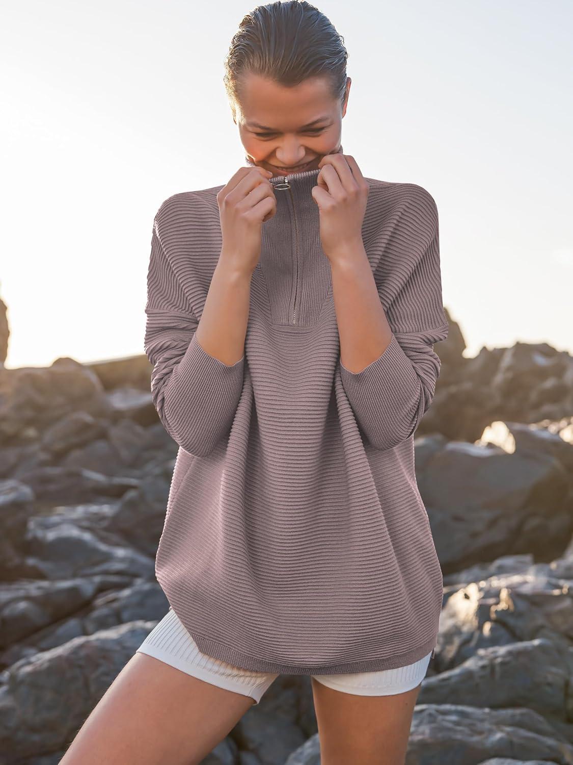 imageANRABESS Women Quarter Zip Oversized Casual Loose Rib Knit Cozy Pullover Sweaters Top 2025 Fall Fashion Outfits ClothesRed Apricot