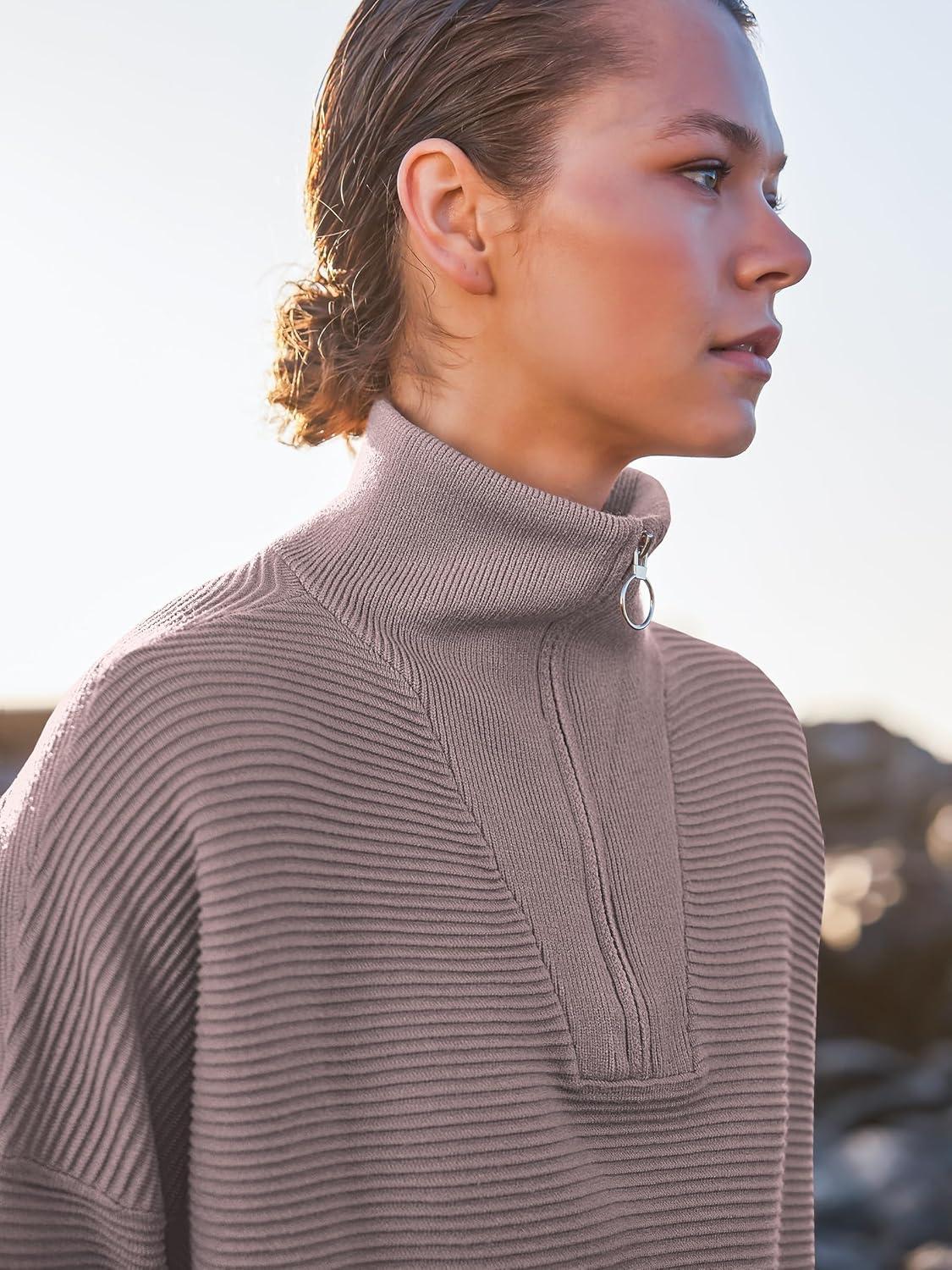 imageANRABESS Women Quarter Zip Oversized Casual Loose Rib Knit Cozy Pullover Sweaters Top 2025 Fall Fashion Outfits ClothesRed Apricot