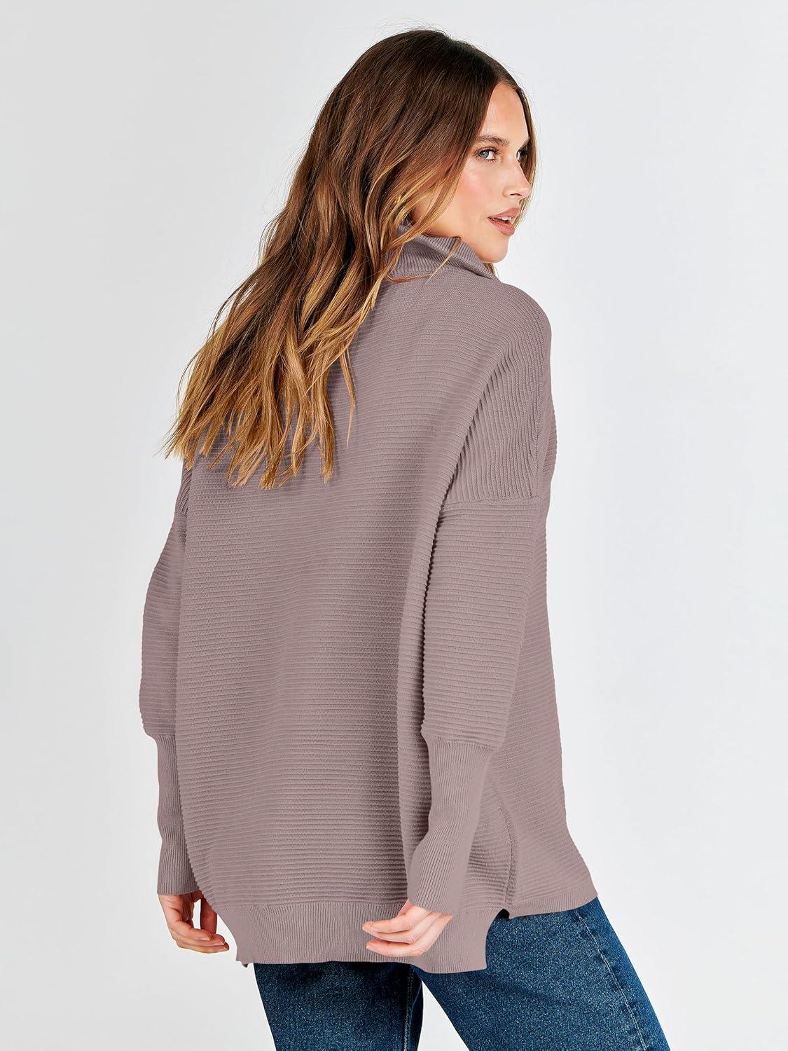 imageANRABESS Women Quarter Zip Oversized Casual Loose Rib Knit Cozy Pullover Sweaters Top 2025 Fall Fashion Outfits ClothesRed Apricot