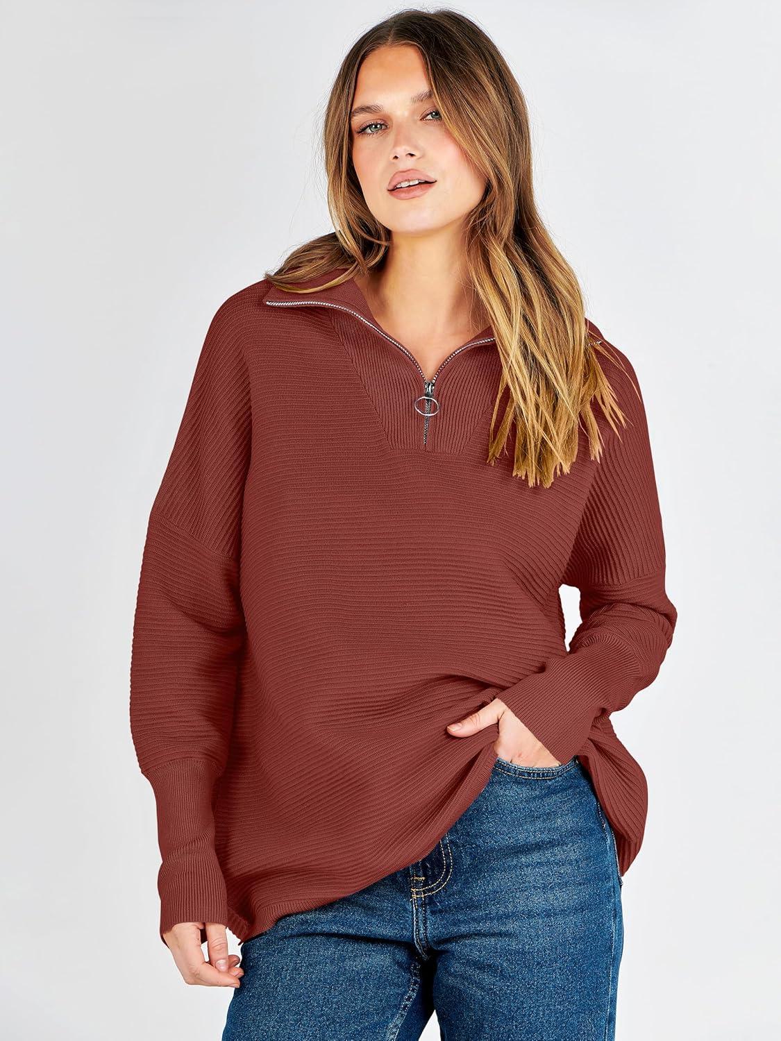 imageANRABESS Women Quarter Zip Oversized Casual Loose Rib Knit Cozy Pullover Sweaters Top 2025 Fall Fashion Outfits ClothesRust