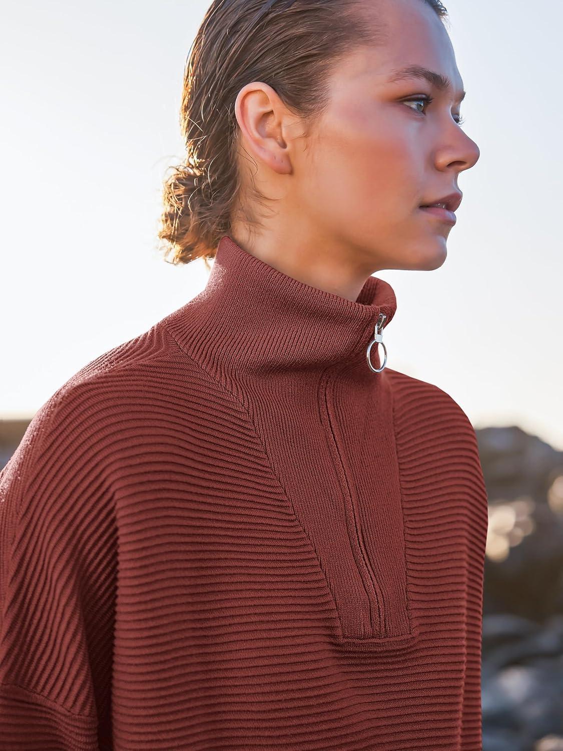 imageANRABESS Women Quarter Zip Oversized Casual Loose Rib Knit Cozy Pullover Sweaters Top 2025 Fall Fashion Outfits ClothesRust