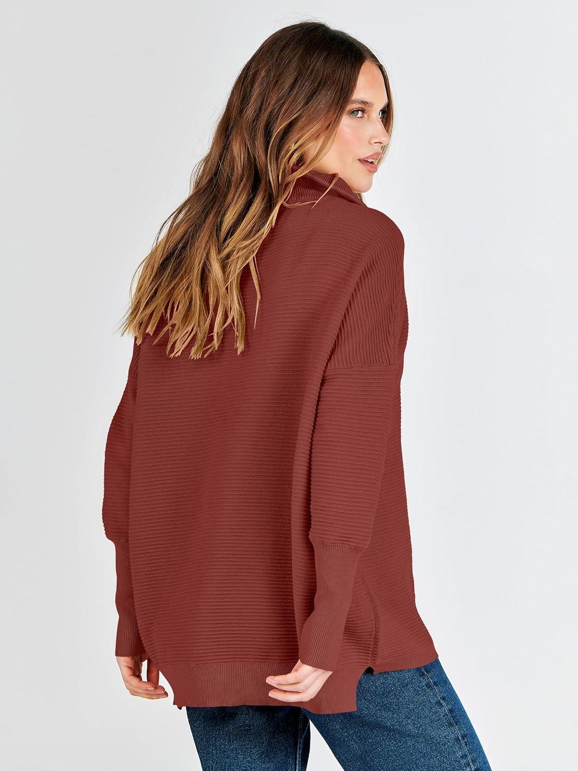 imageANRABESS Women Quarter Zip Oversized Casual Loose Rib Knit Cozy Pullover Sweaters Top 2025 Fall Fashion Outfits ClothesRust