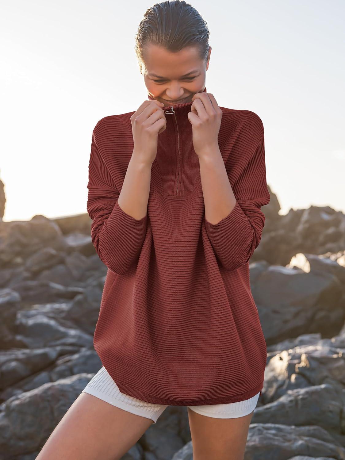 imageANRABESS Women Quarter Zip Oversized Casual Loose Rib Knit Cozy Pullover Sweaters Top 2025 Fall Fashion Outfits ClothesRust