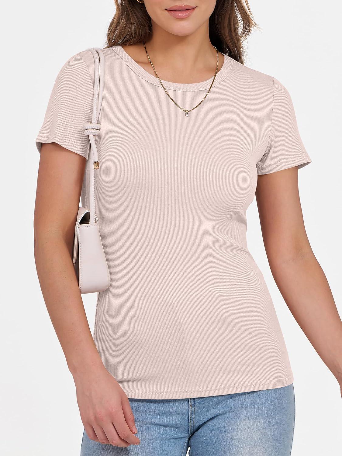 imageANRABESS Women Short Sleeve Crewneck Ribbed Knit Slim Fitted Shirts Summer Tops Basic Tee Casual 2025 Fall Outfits ClothesApricot