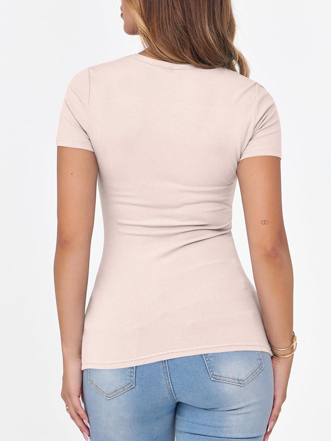 imageANRABESS Women Short Sleeve Crewneck Ribbed Knit Slim Fitted Shirts Summer Tops Basic Tee Casual 2025 Fall Outfits ClothesApricot