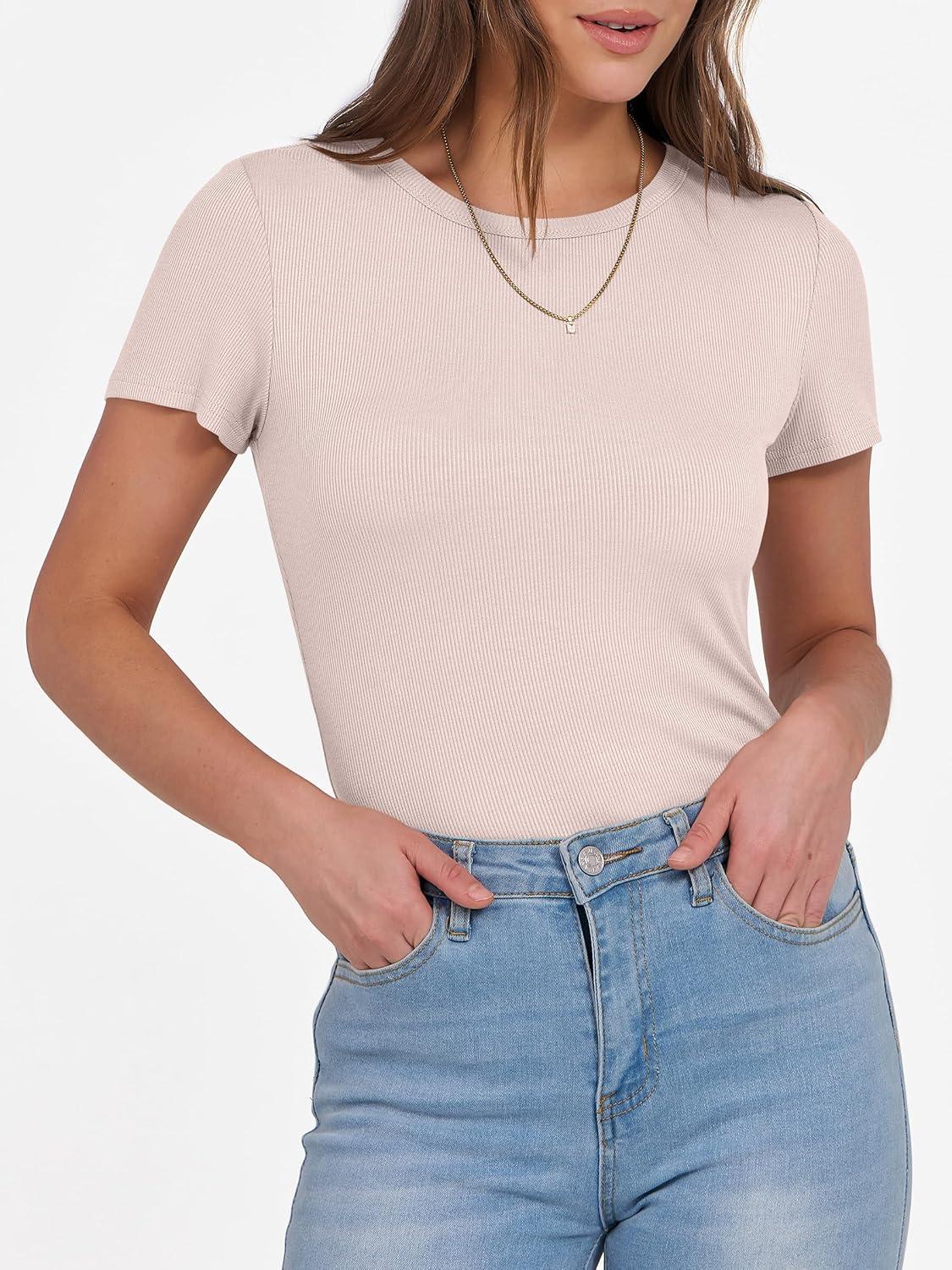 imageANRABESS Women Short Sleeve Crewneck Ribbed Knit Slim Fitted Shirts Summer Tops Basic Tee Casual 2025 Fall Outfits ClothesApricot