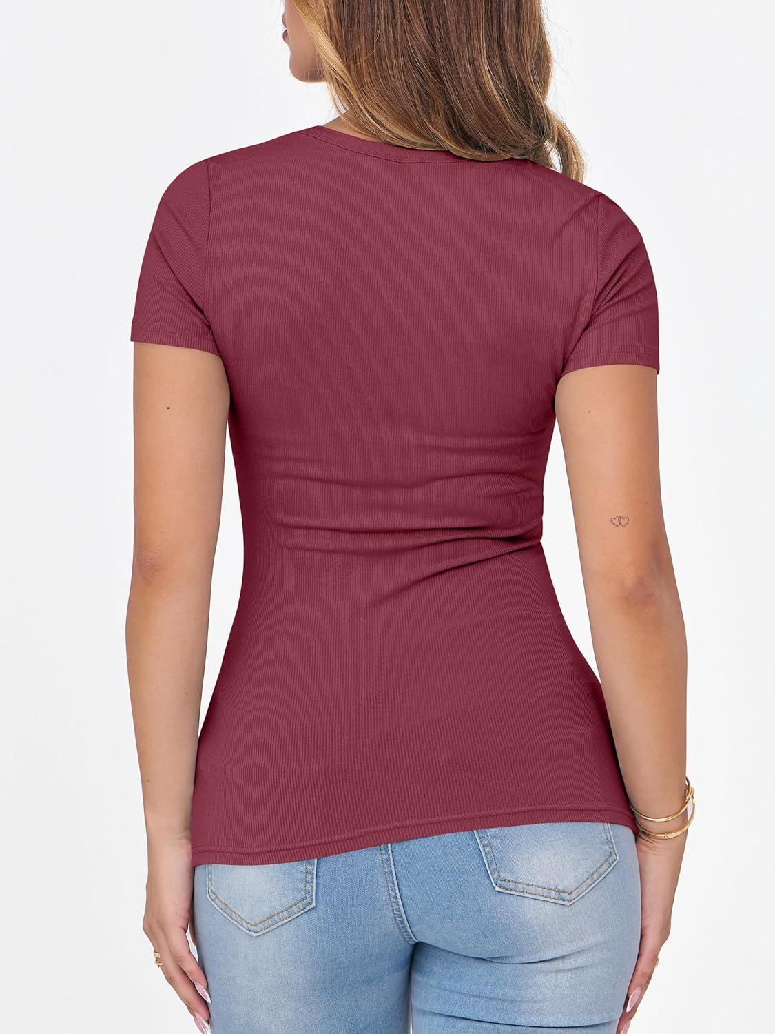 imageANRABESS Women Short Sleeve Crewneck Ribbed Knit Slim Fitted Shirts Summer Tops Basic Tee Casual 2025 Fall Outfits ClothesBurgundy
