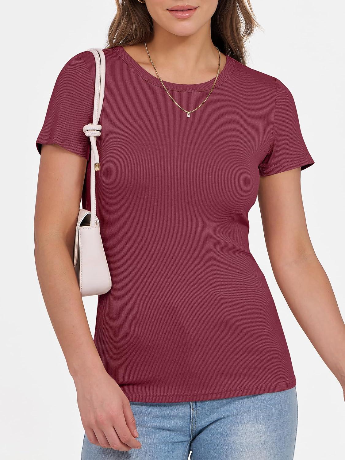 imageANRABESS Women Short Sleeve Crewneck Ribbed Knit Slim Fitted Shirts Summer Tops Basic Tee Casual 2025 Fall Outfits ClothesBurgundy