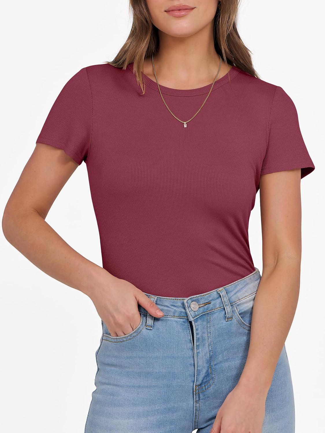 imageANRABESS Women Short Sleeve Crewneck Ribbed Knit Slim Fitted Shirts Summer Tops Basic Tee Casual 2025 Fall Outfits ClothesBurgundy