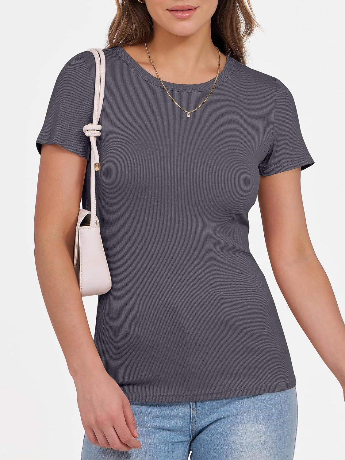 imageANRABESS Women Short Sleeve Crewneck Ribbed Knit Slim Fitted Shirts Summer Tops Basic Tee Casual 2025 Fall Outfits ClothesCharcoal
