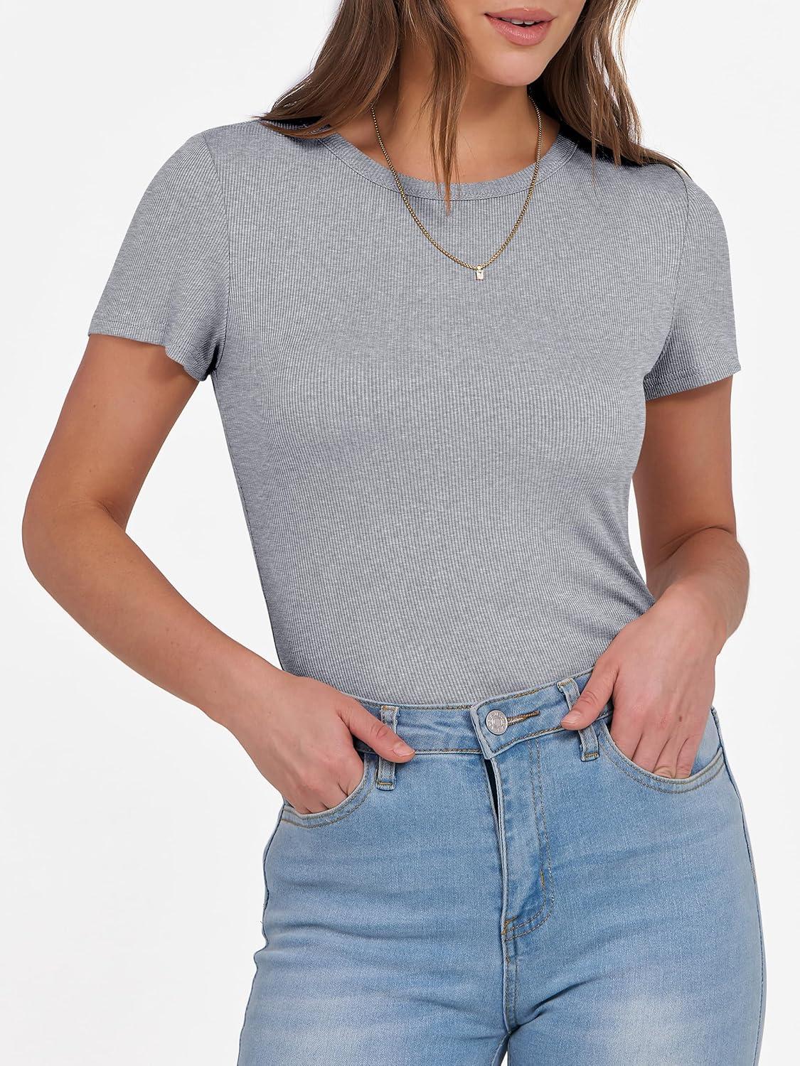 imageANRABESS Women Short Sleeve Crewneck Ribbed Knit Slim Fitted Shirts Summer Tops Basic Tee Casual 2025 Fall Outfits ClothesGrey