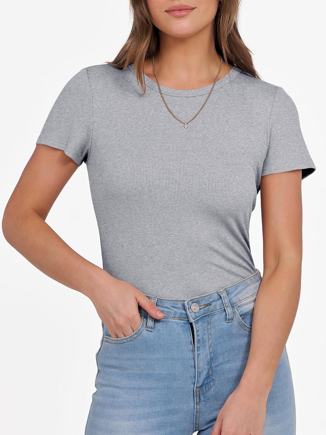 imageANRABESS Women Short Sleeve Crewneck Ribbed Knit Slim Fitted Shirts Summer Tops Basic Tee Casual 2025 Fall Outfits ClothesGrey