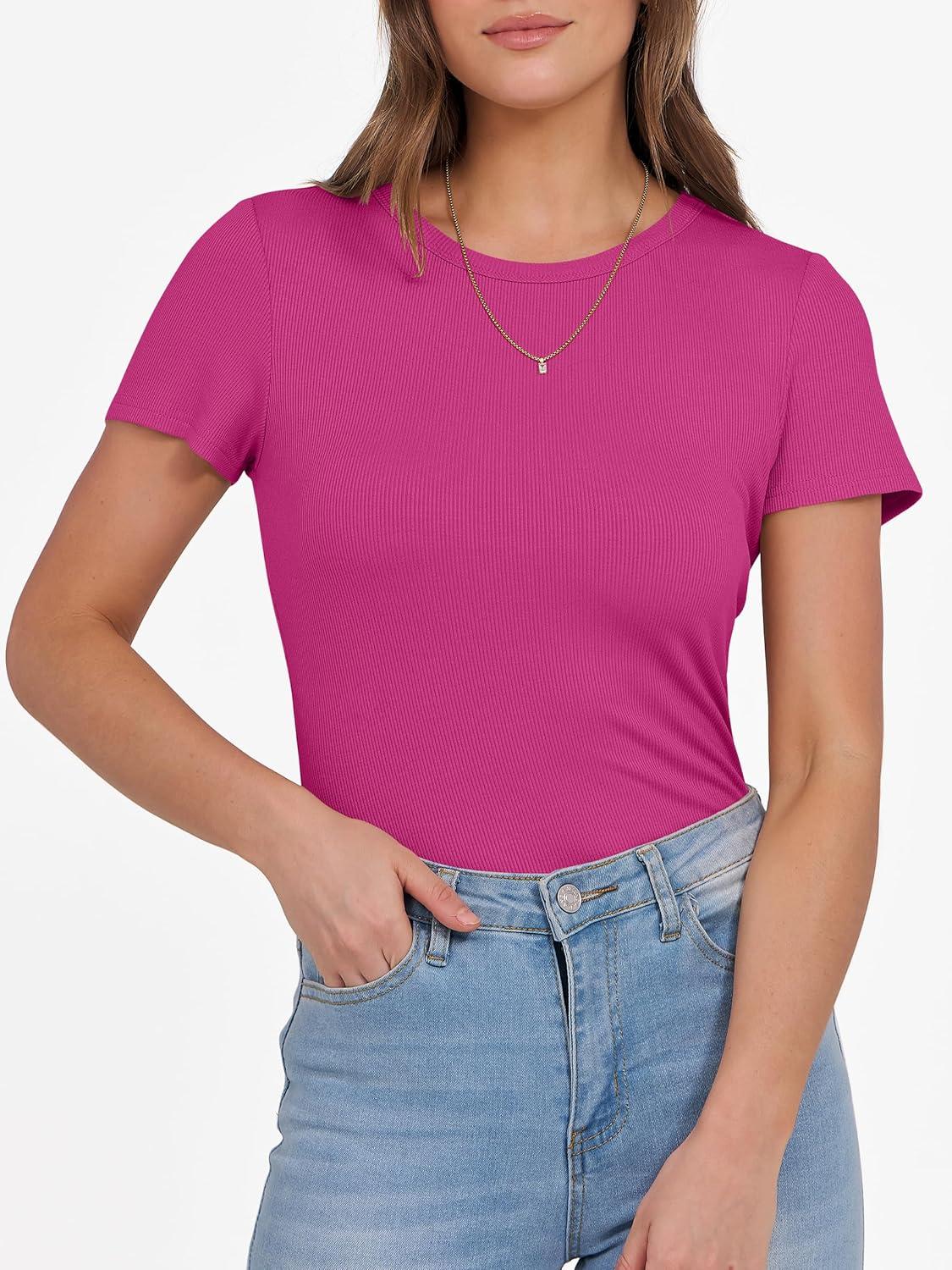 imageANRABESS Women Short Sleeve Crewneck Ribbed Knit Slim Fitted Shirts Summer Tops Basic Tee Casual 2025 Fall Outfits ClothesHot Pink