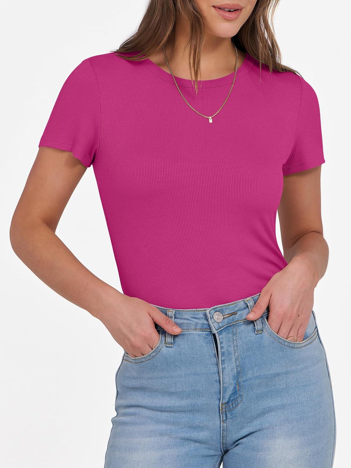 imageANRABESS Women Short Sleeve Crewneck Ribbed Knit Slim Fitted Shirts Summer Tops Basic Tee Casual 2025 Fall Outfits ClothesHot Pink