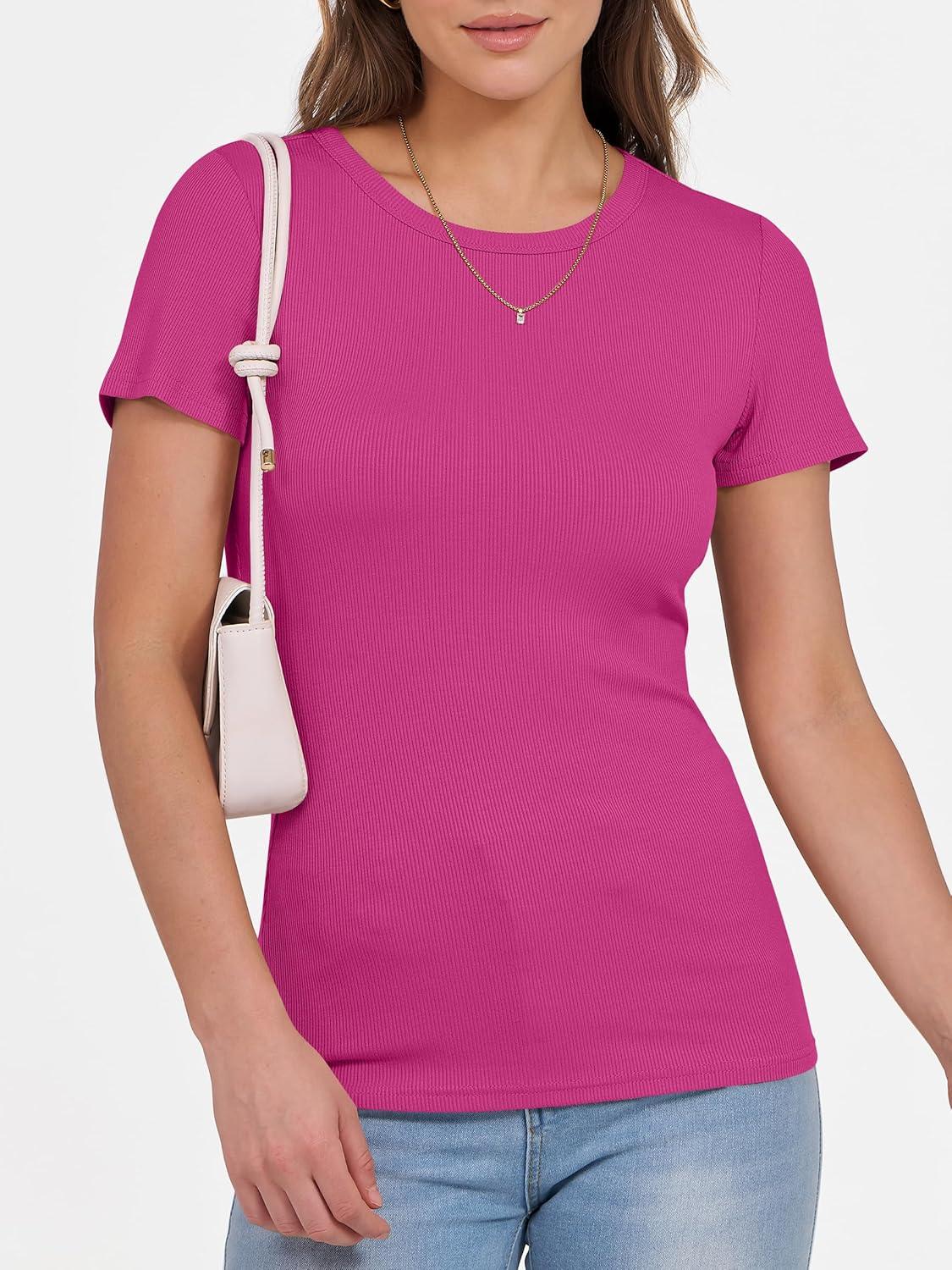 imageANRABESS Women Short Sleeve Crewneck Ribbed Knit Slim Fitted Shirts Summer Tops Basic Tee Casual 2025 Fall Outfits ClothesHot Pink