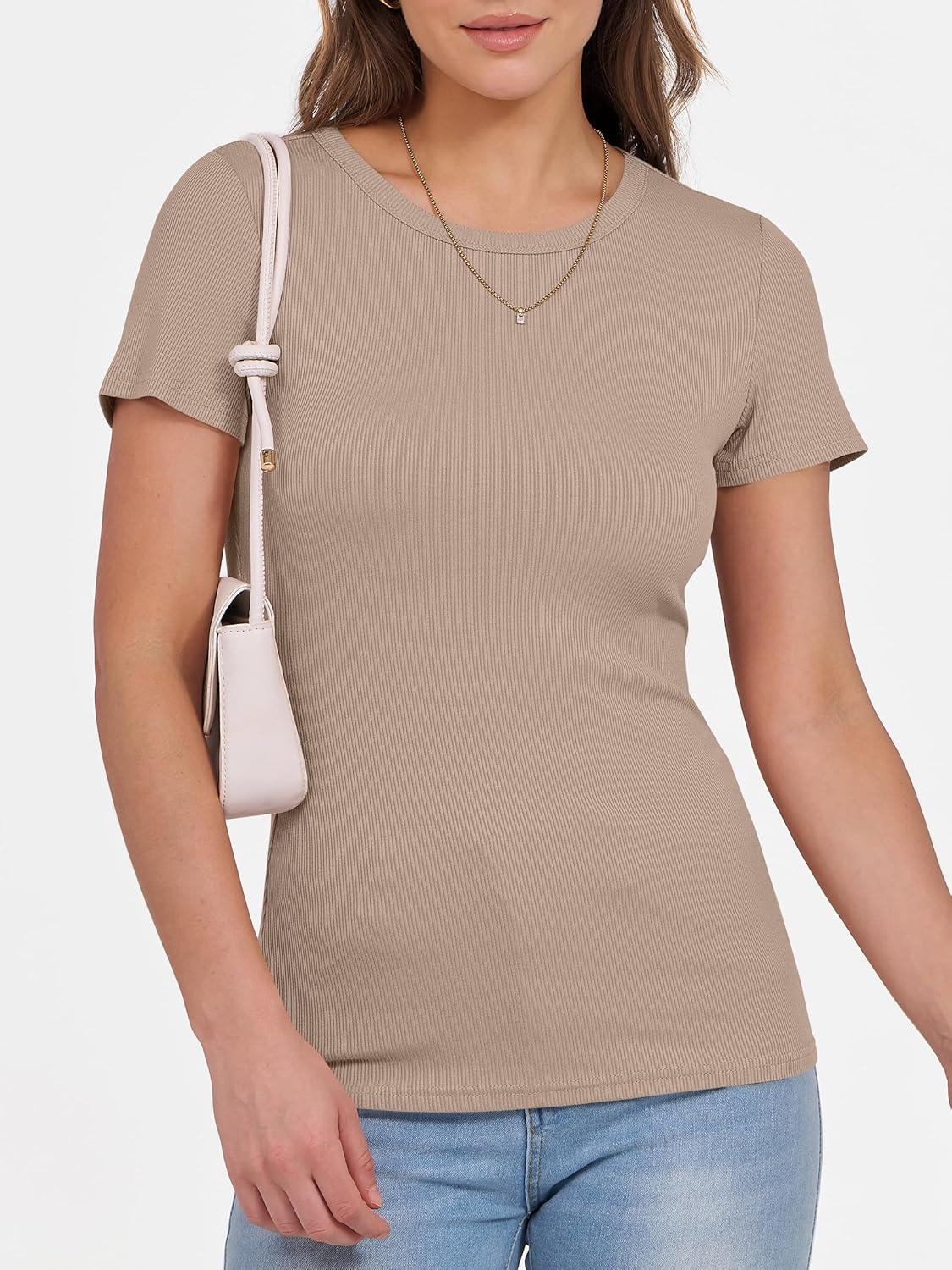 imageANRABESS Women Short Sleeve Crewneck Ribbed Knit Slim Fitted Shirts Summer Tops Basic Tee Casual 2025 Fall Outfits ClothesKhaki