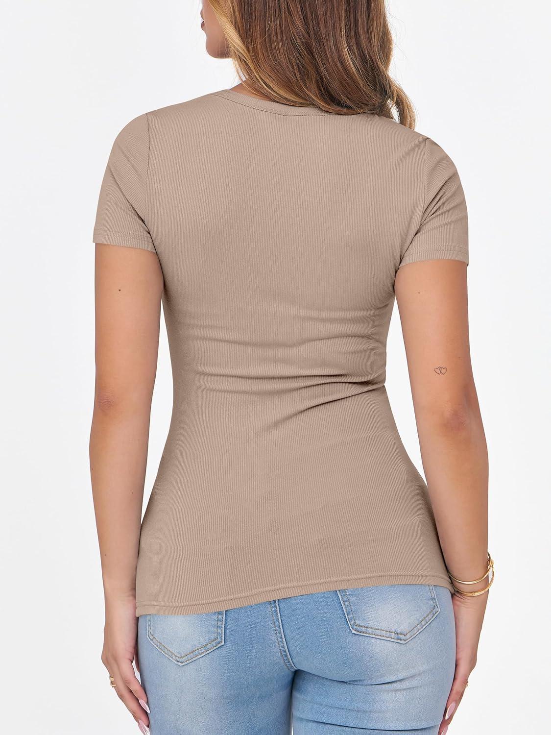 imageANRABESS Women Short Sleeve Crewneck Ribbed Knit Slim Fitted Shirts Summer Tops Basic Tee Casual 2025 Fall Outfits ClothesKhaki