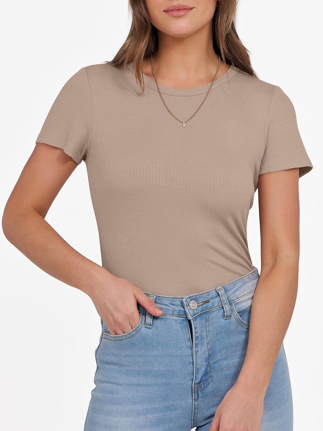 imageANRABESS Women Short Sleeve Crewneck Ribbed Knit Slim Fitted Shirts Summer Tops Basic Tee Casual 2025 Fall Outfits ClothesKhaki