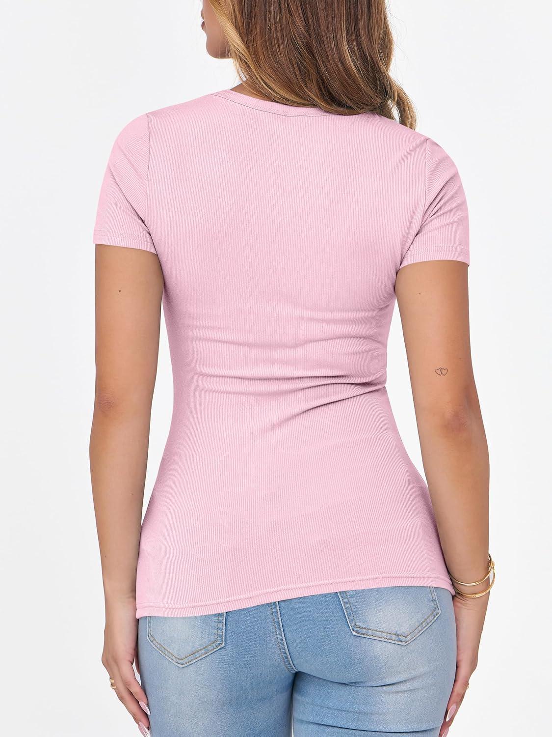 imageANRABESS Women Short Sleeve Crewneck Ribbed Knit Slim Fitted Shirts Summer Tops Basic Tee Casual 2025 Fall Outfits ClothesPink