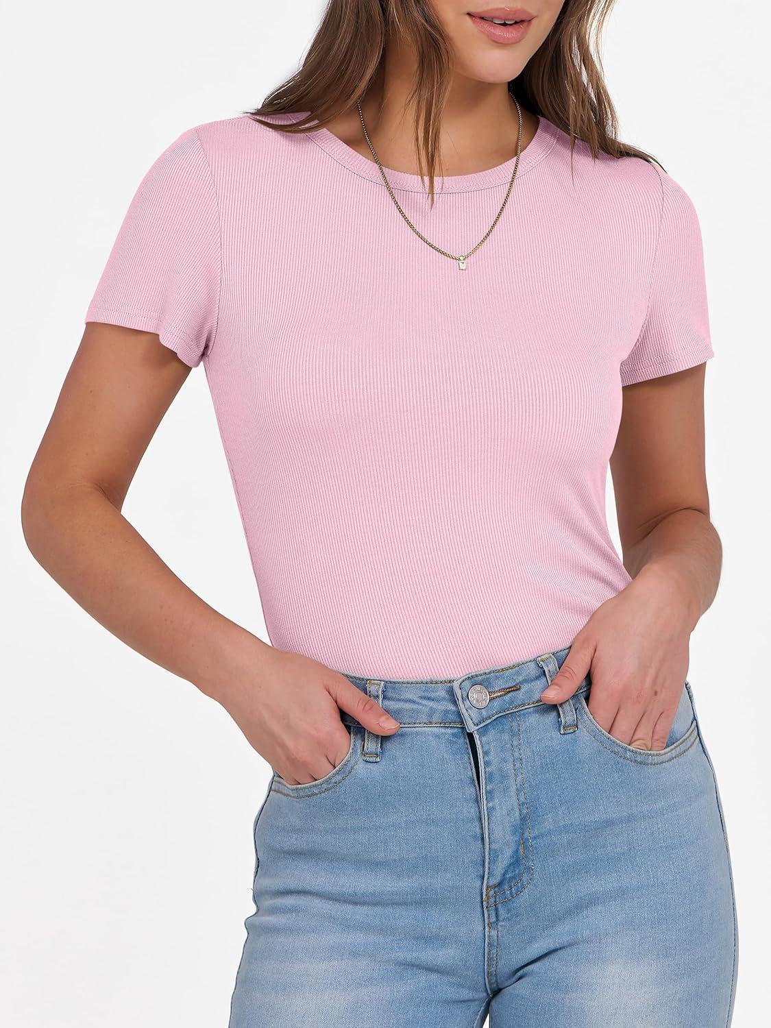 imageANRABESS Women Short Sleeve Crewneck Ribbed Knit Slim Fitted Shirts Summer Tops Basic Tee Casual 2025 Fall Outfits ClothesPink