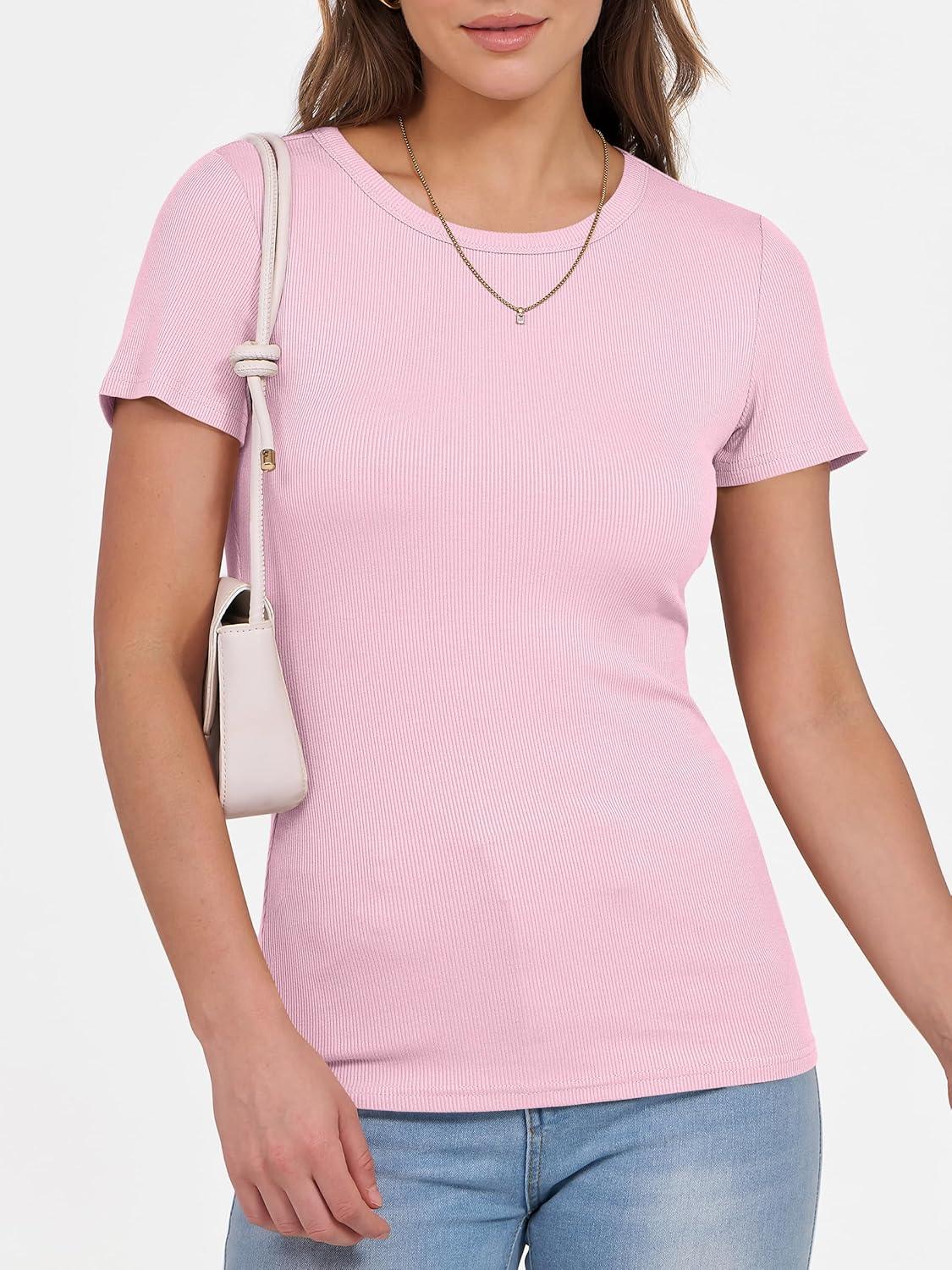 imageANRABESS Women Short Sleeve Crewneck Ribbed Knit Slim Fitted Shirts Summer Tops Basic Tee Casual 2025 Fall Outfits ClothesPink