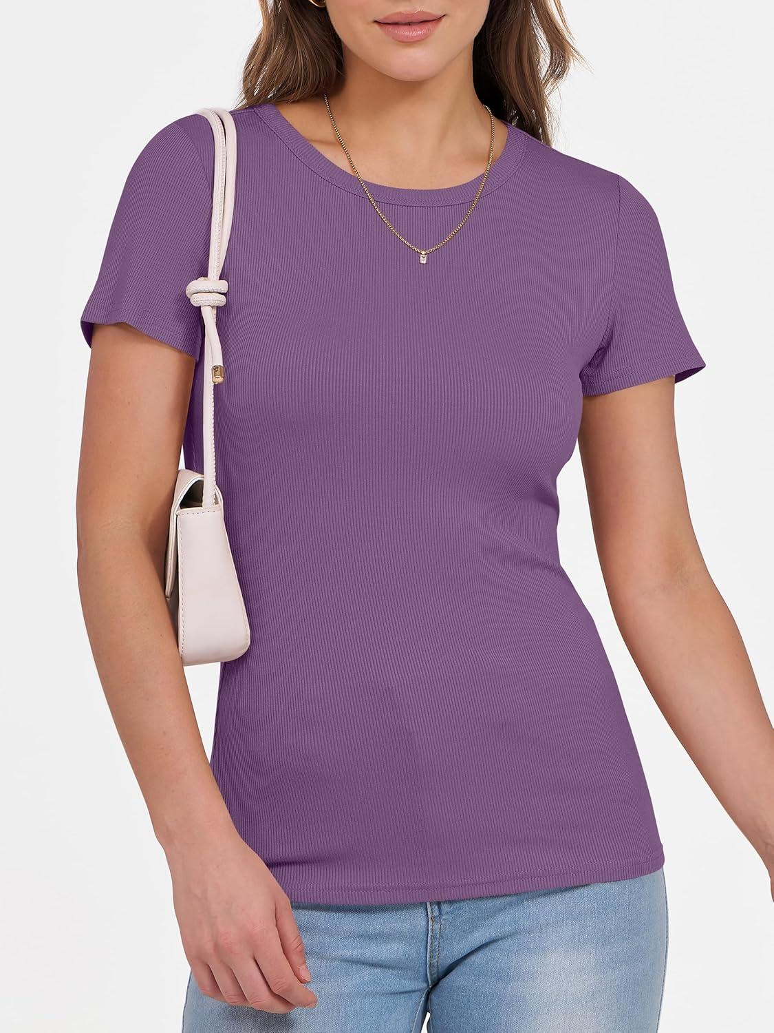 imageANRABESS Women Short Sleeve Crewneck Ribbed Knit Slim Fitted Shirts Summer Tops Basic Tee Casual 2025 Fall Outfits ClothesPurple
