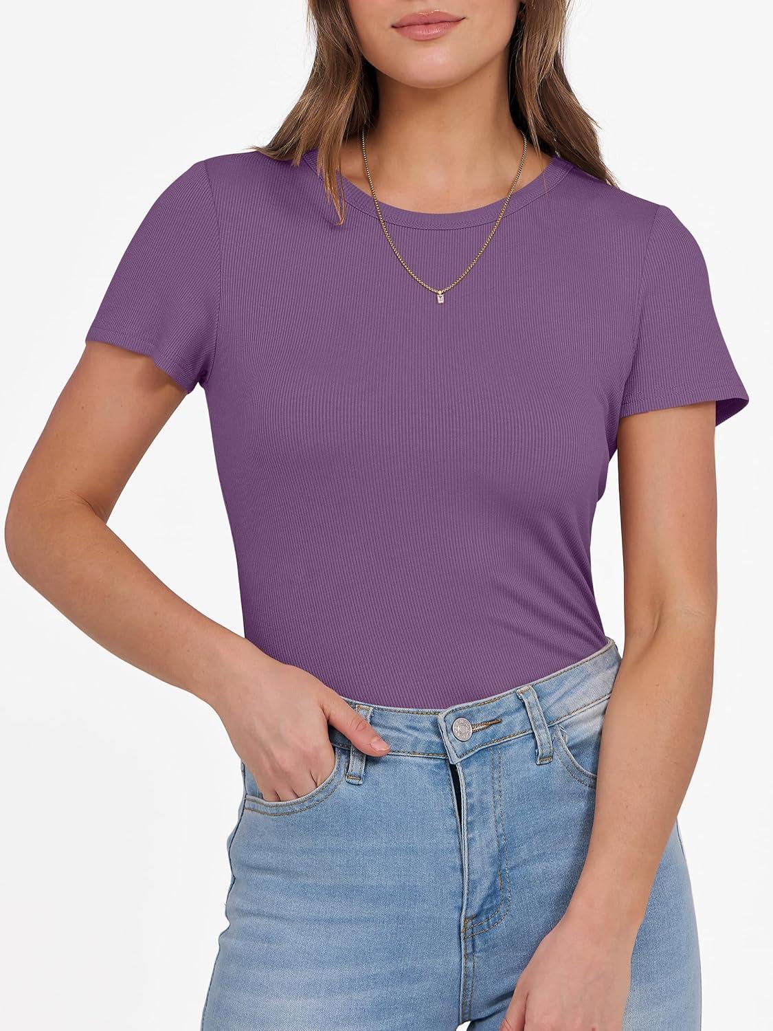 imageANRABESS Women Short Sleeve Crewneck Ribbed Knit Slim Fitted Shirts Summer Tops Basic Tee Casual 2025 Fall Outfits ClothesPurple