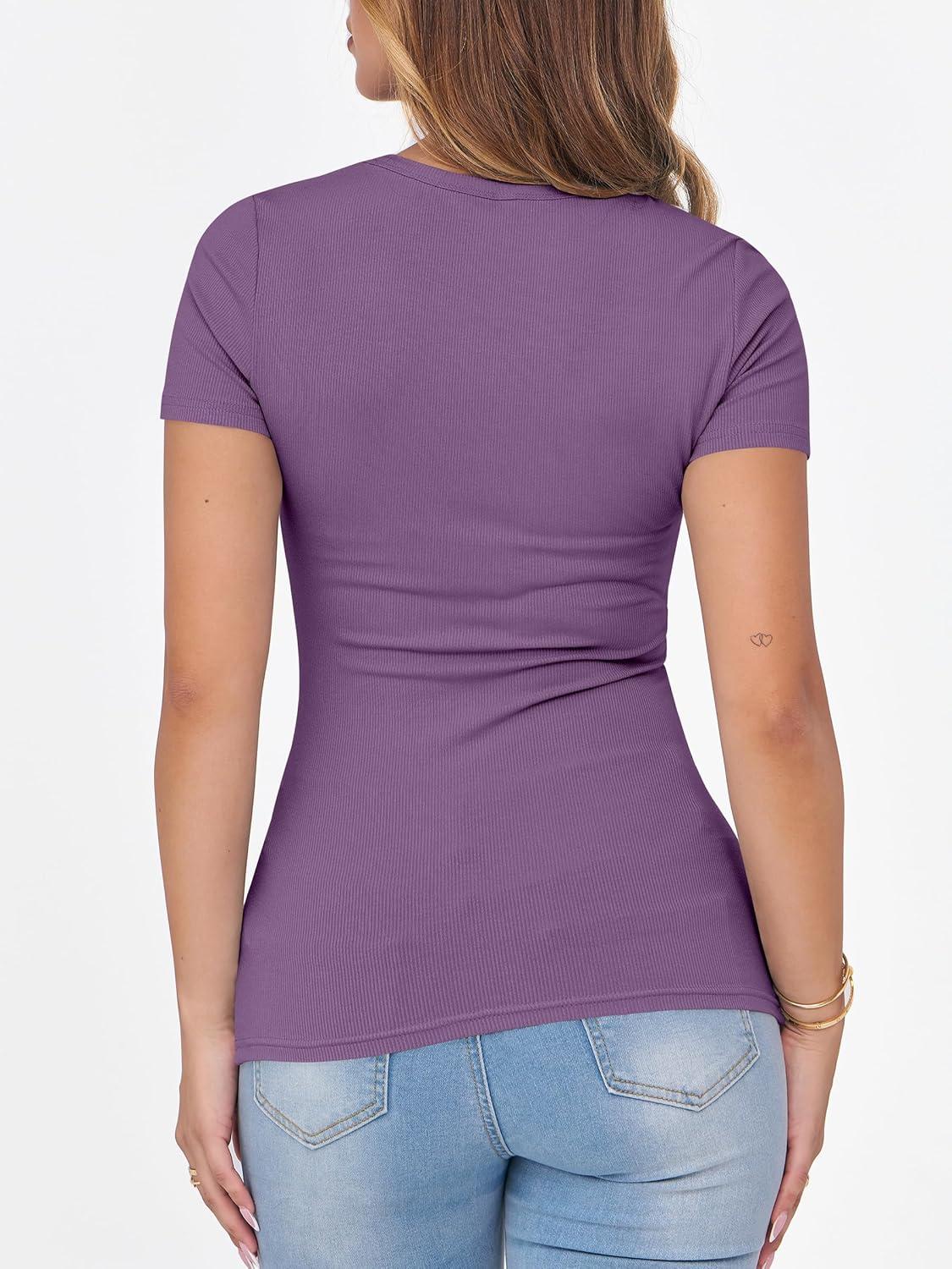 imageANRABESS Women Short Sleeve Crewneck Ribbed Knit Slim Fitted Shirts Summer Tops Basic Tee Casual 2025 Fall Outfits ClothesPurple