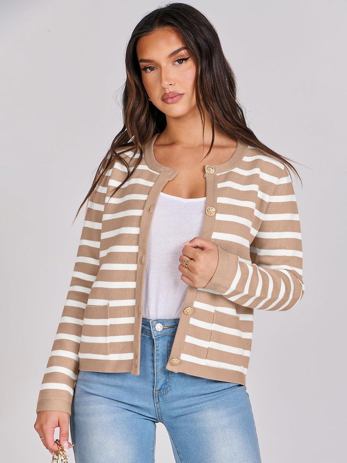 imageANRABESS Women Striped Cardigan Sweaters Button Down Cropped Knit Lady Jackets Coat 2025 Fall Outfits Trendy ClothesApricot White Stripe