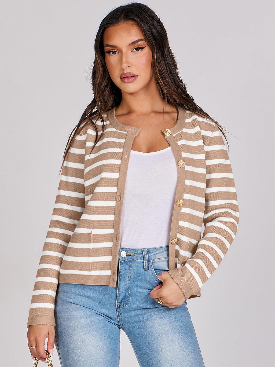 imageANRABESS Women Striped Cardigan Sweaters Button Down Cropped Knit Lady Jackets Coat 2025 Fall Outfits Trendy ClothesApricot White Stripe