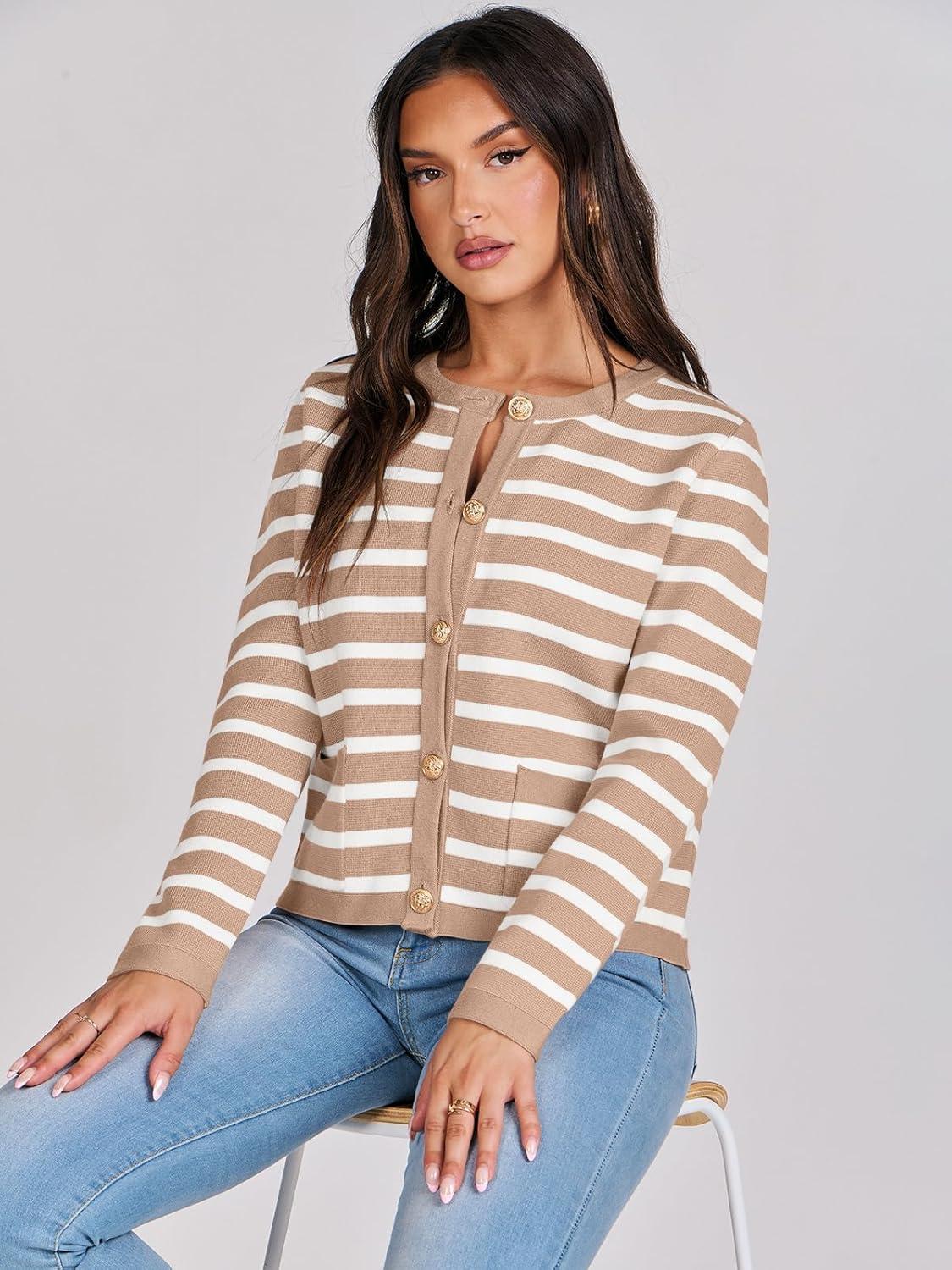 imageANRABESS Women Striped Cardigan Sweaters Button Down Cropped Knit Lady Jackets Coat 2025 Fall Outfits Trendy ClothesApricot White Stripe