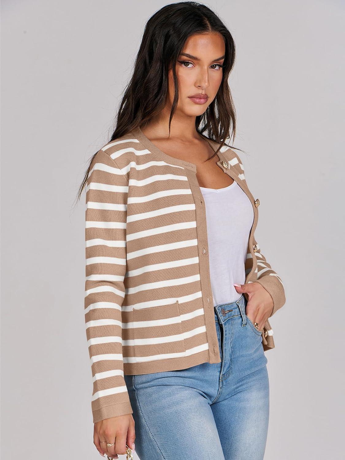 imageANRABESS Women Striped Cardigan Sweaters Button Down Cropped Knit Lady Jackets Coat 2025 Fall Outfits Trendy ClothesApricot White Stripe