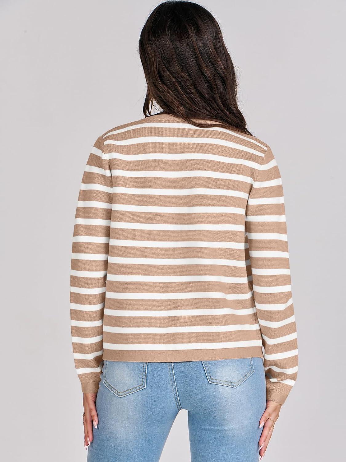 imageANRABESS Women Striped Cardigan Sweaters Button Down Cropped Knit Lady Jackets Coat 2025 Fall Outfits Trendy ClothesApricot White Stripe