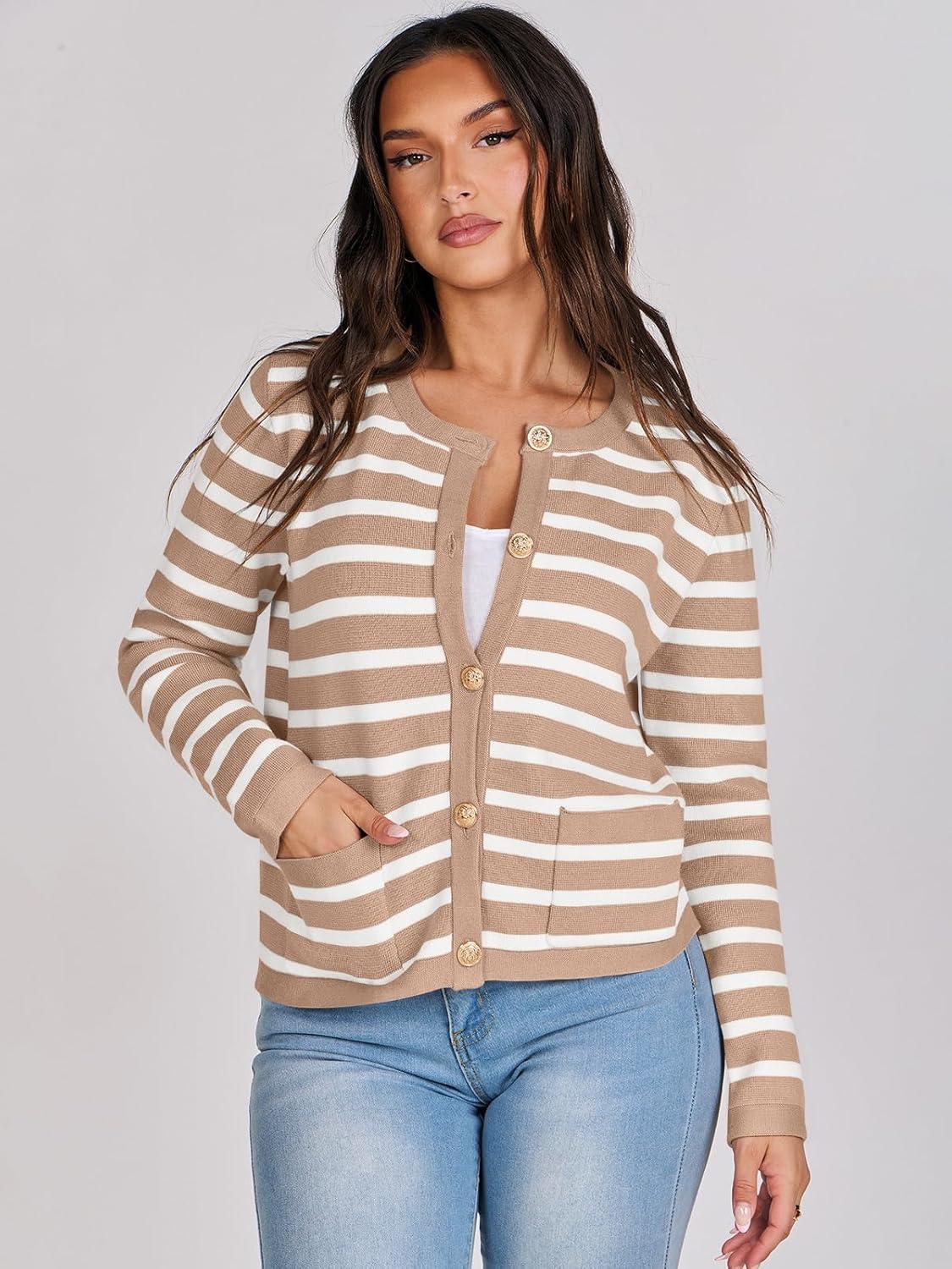 imageANRABESS Women Striped Cardigan Sweaters Button Down Cropped Knit Lady Jackets Coat 2025 Fall Outfits Trendy ClothesApricot White Stripe