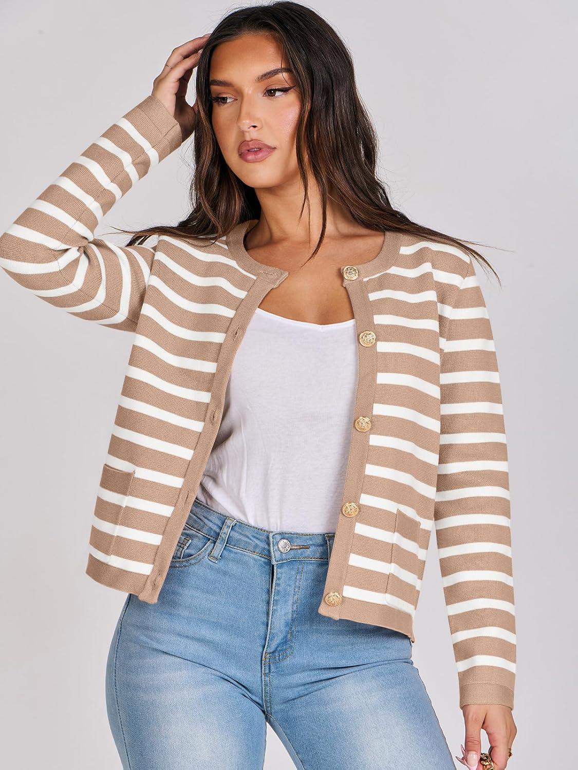 imageANRABESS Women Striped Cardigan Sweaters Button Down Cropped Knit Lady Jackets Coat 2025 Fall Outfits Trendy ClothesApricot White Stripe