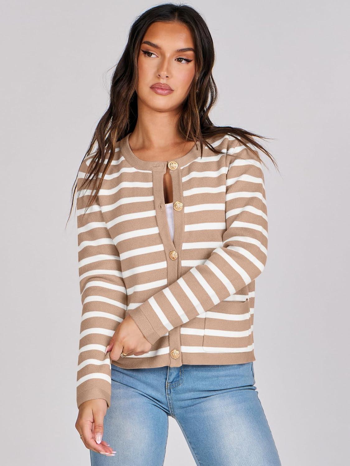 imageANRABESS Women Striped Cardigan Sweaters Button Down Cropped Knit Lady Jackets Coat 2025 Fall Outfits Trendy ClothesApricot White Stripe