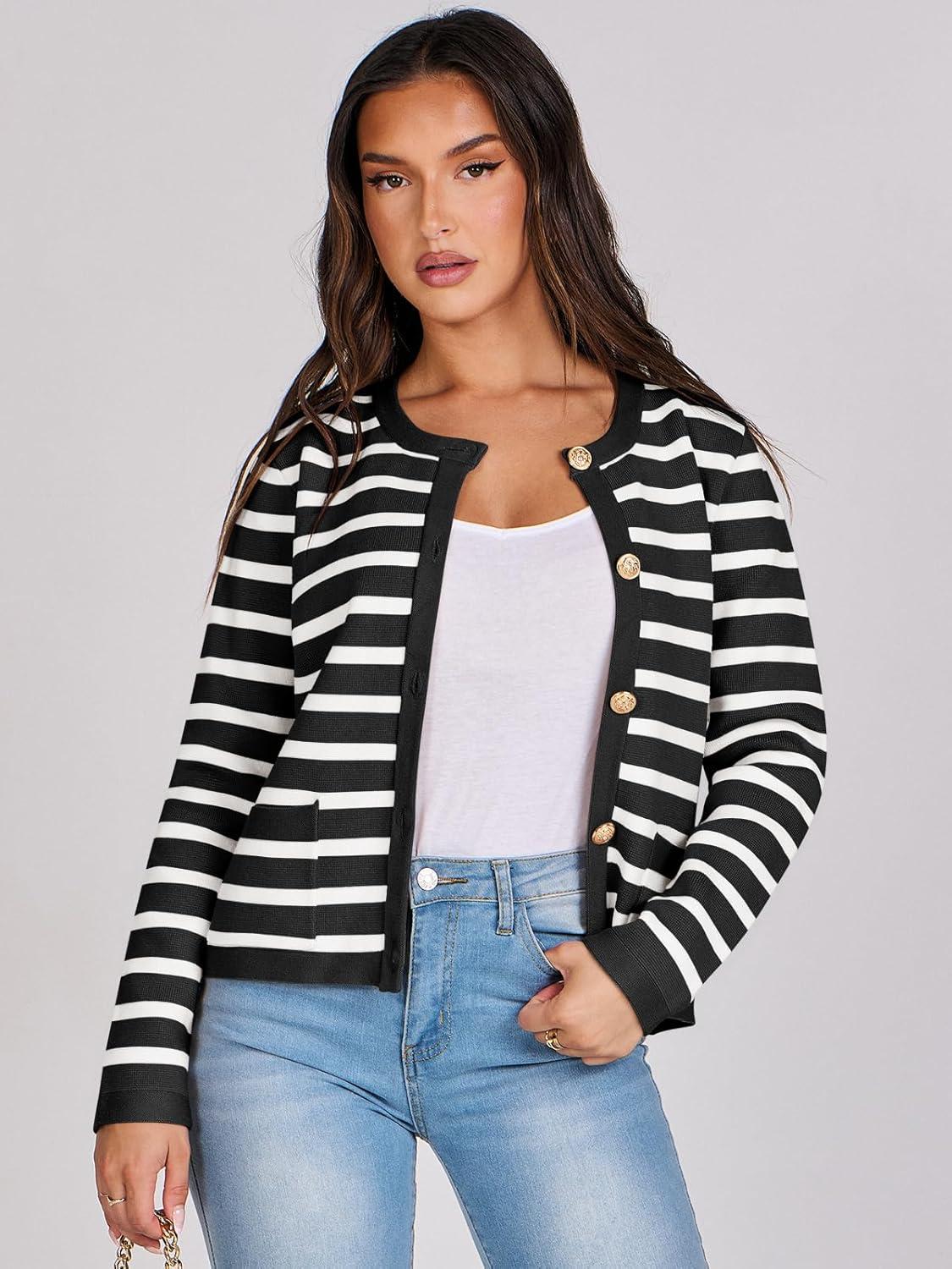 imageANRABESS Women Striped Cardigan Sweaters Button Down Cropped Knit Lady Jackets Coat 2025 Fall Outfits Trendy ClothesBlack White Stripe
