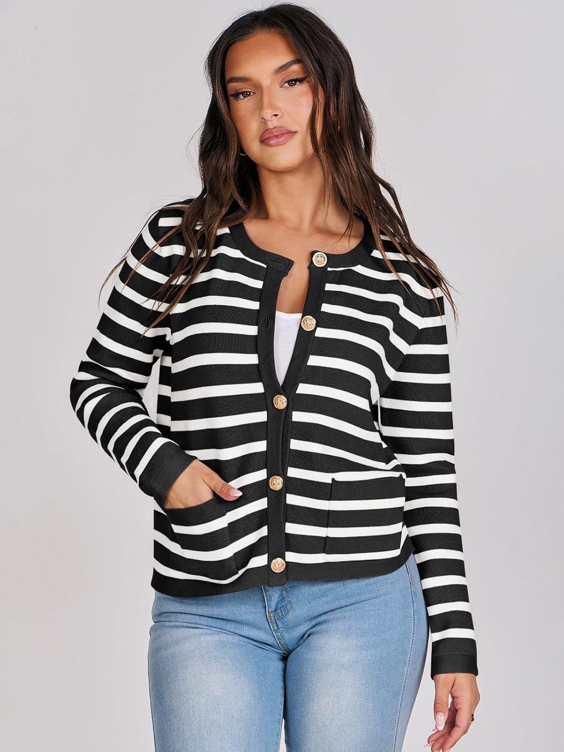 imageANRABESS Women Striped Cardigan Sweaters Button Down Cropped Knit Lady Jackets Coat 2025 Fall Outfits Trendy ClothesBlack White Stripe