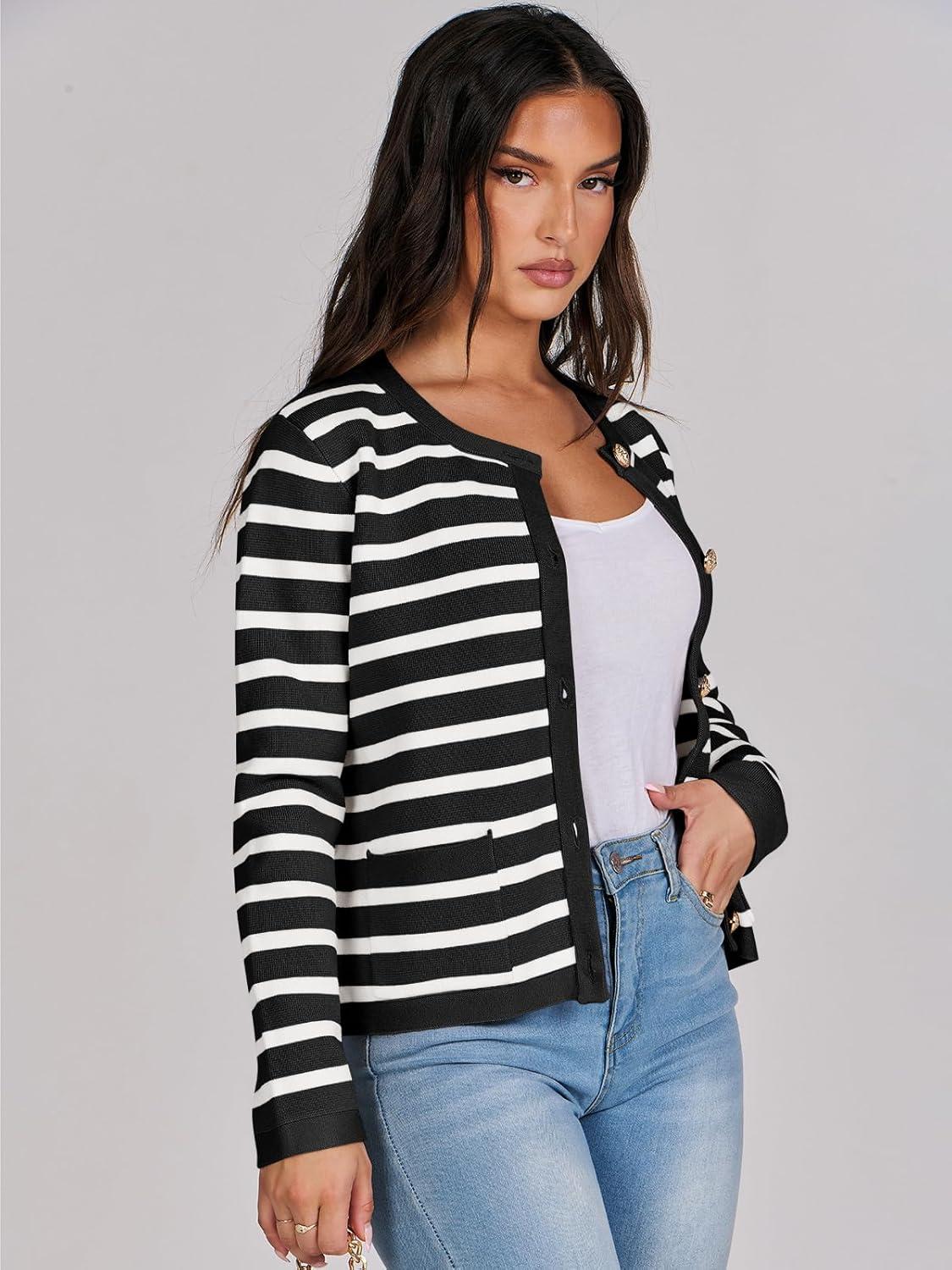 imageANRABESS Women Striped Cardigan Sweaters Button Down Cropped Knit Lady Jackets Coat 2025 Fall Outfits Trendy ClothesBlack White Stripe