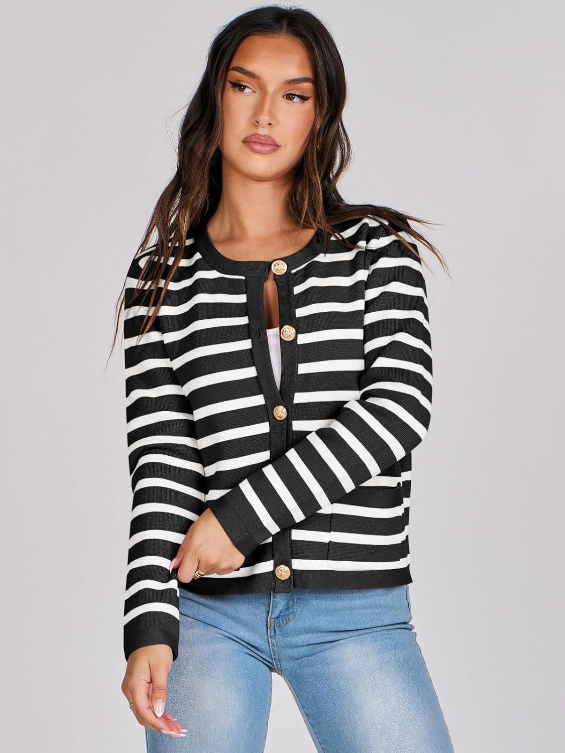 imageANRABESS Women Striped Cardigan Sweaters Button Down Cropped Knit Lady Jackets Coat 2025 Fall Outfits Trendy ClothesBlack White Stripe