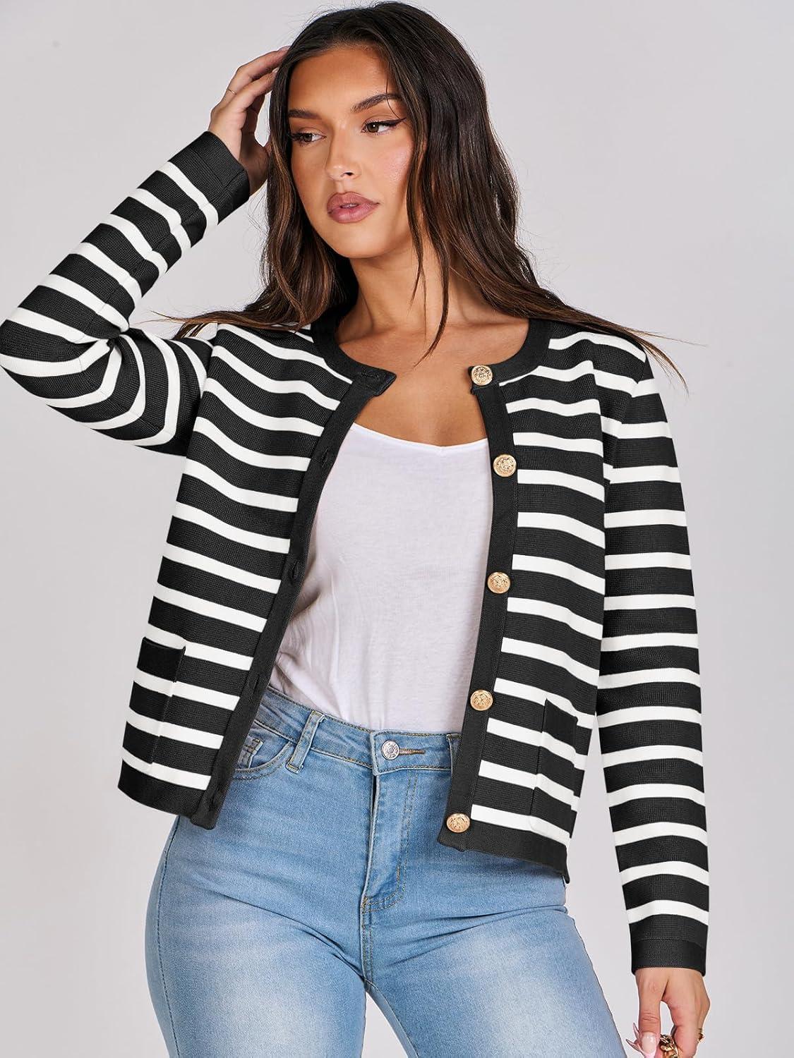 imageANRABESS Women Striped Cardigan Sweaters Button Down Cropped Knit Lady Jackets Coat 2025 Fall Outfits Trendy ClothesBlack White Stripe