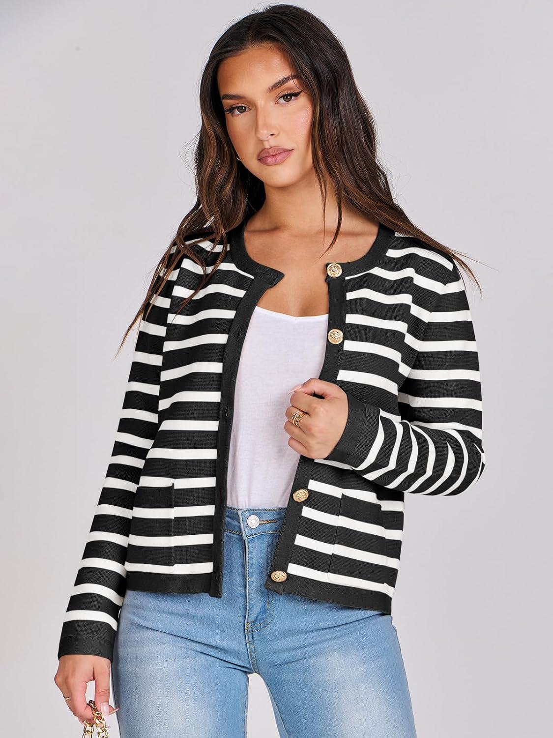 imageANRABESS Women Striped Cardigan Sweaters Button Down Cropped Knit Lady Jackets Coat 2025 Fall Outfits Trendy ClothesBlack White Stripe